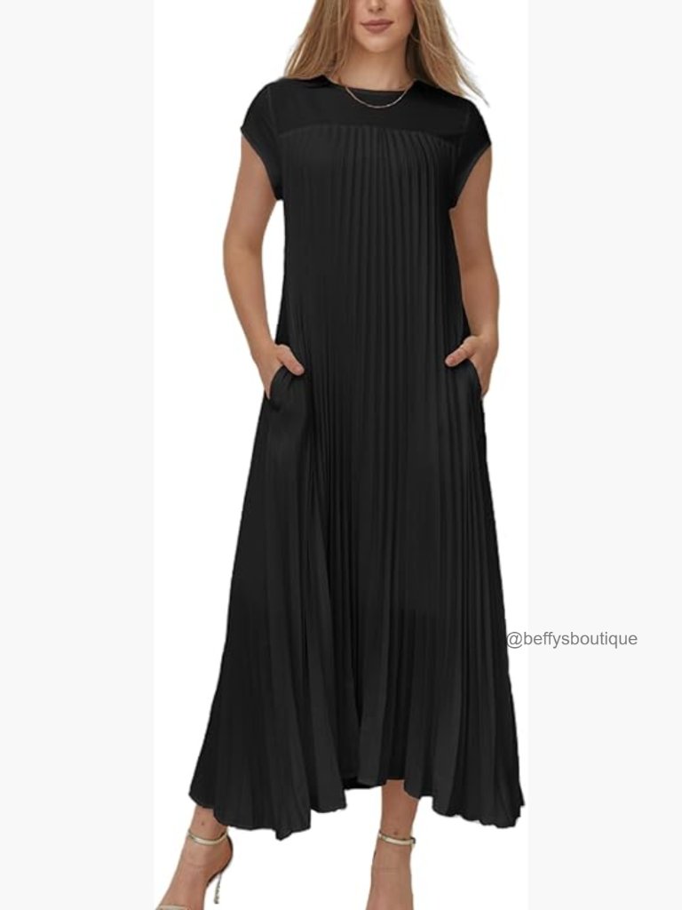 Summer Pleated Maxi Dress With Pockets Short Sleeve Flowy Swing Dress